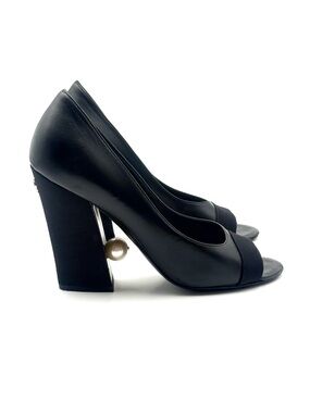 Chanel Pearl Peep-Toe Black Leather Pump Size 38